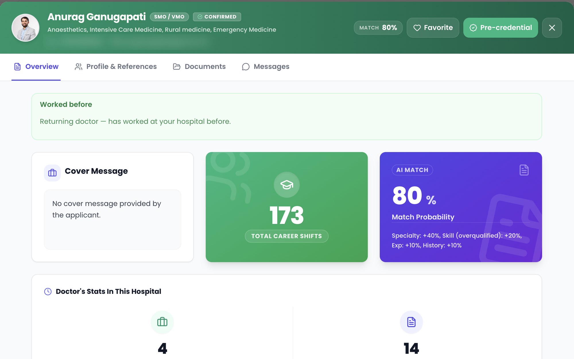 StatHospital showing a GP's credentials, match score and history with the practice